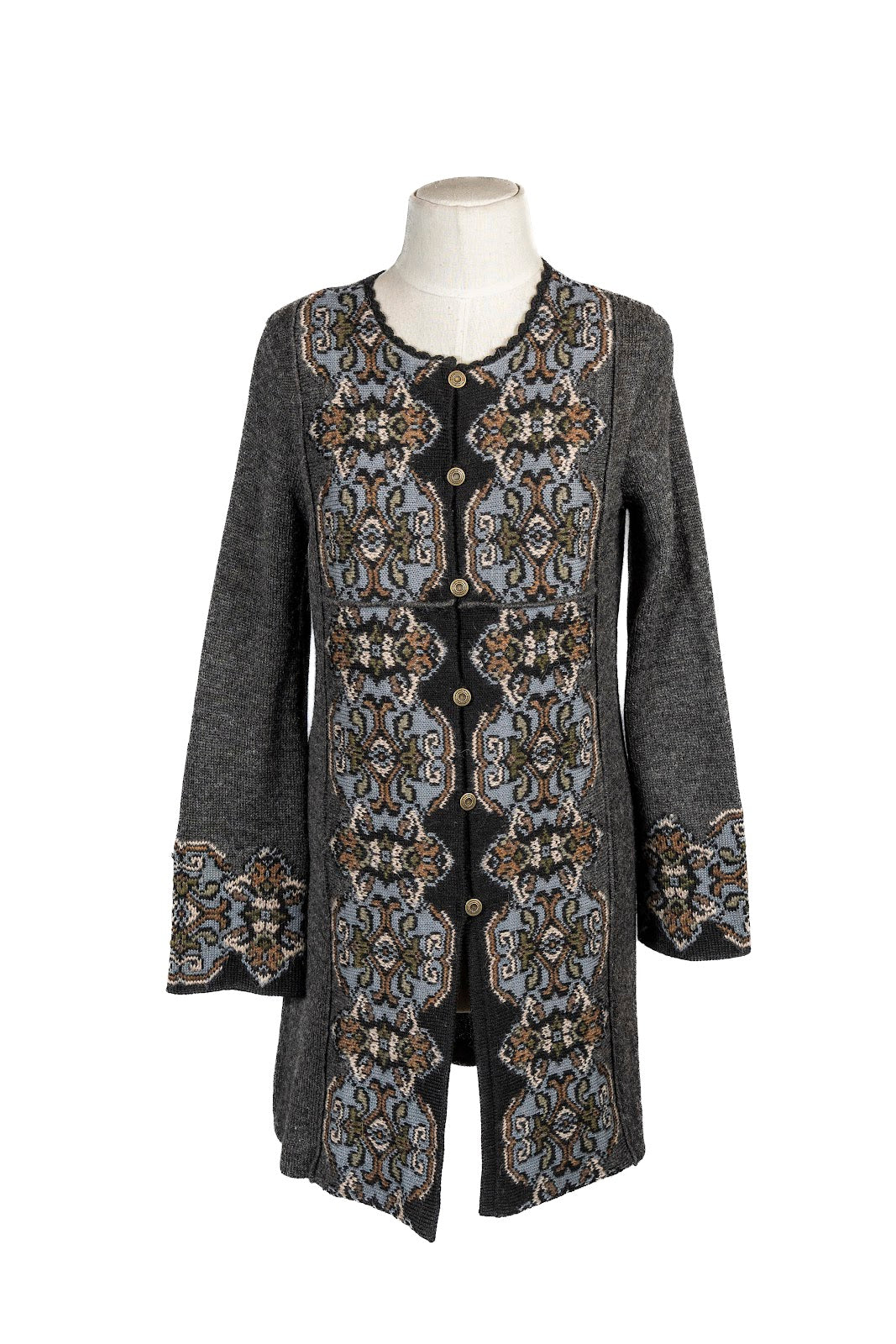 Saco Largo Gris Frente Puños Bordados XS a XL