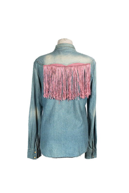 Camisa Jean Aplicacion Rosa y Flecos