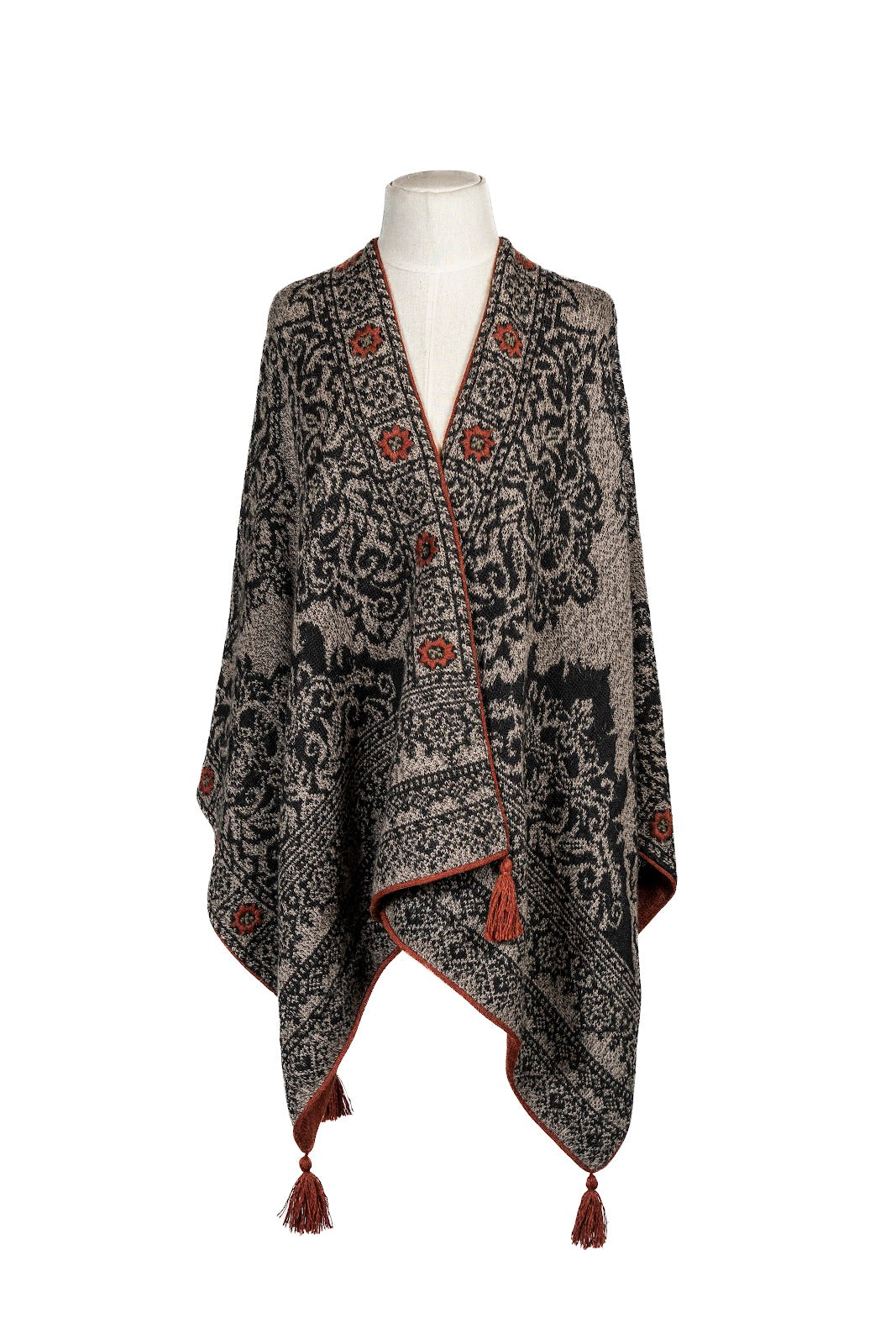 Ruana Beige/Negro C/Borla Terracota